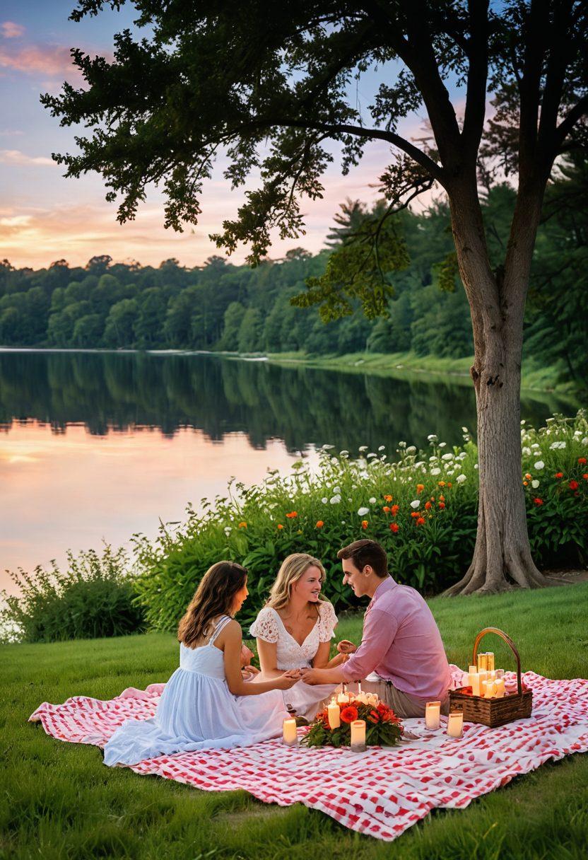 A picturesque scene of a romantic outdoor event in Becker County, featuring a beautifully decorated picnic setup with hearts, candles, and vibrant flowers. Couples of diverse backgrounds are enjoying each other's company, surrounded by lush greenery and a serene lake in the background. Soft twinkling lights hanging from trees create an enchanting atmosphere. Include a sunset casting warm tones over the scene. super-realistic. vibrant colors. warm tones.
