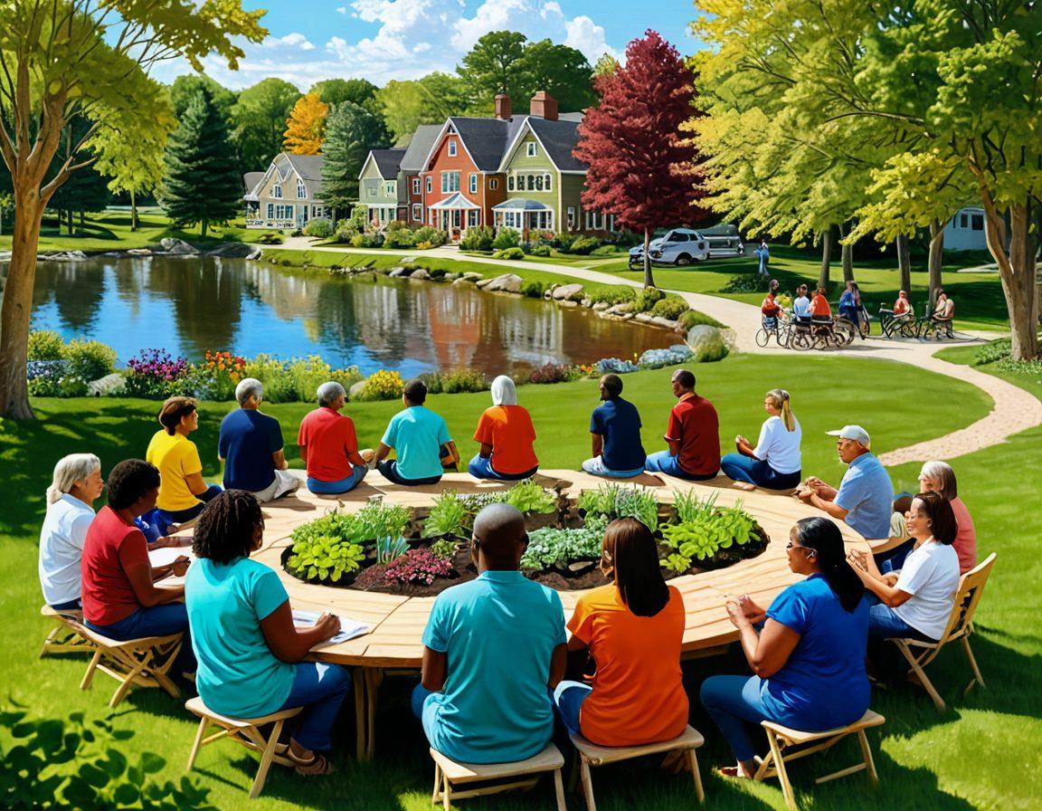 A vibrant illustration of a diverse group of people from Becker County coming together in a warm community setting, sharing stories and engaging in activities. Emphasize unity through symbols like intertwined hands, a community garden, and children playing. The backdrop features beautiful local landscapes, such as lakes and forests, showcasing the essence of the area. Bright, inviting colors to evoke a sense of warmth and connection. super-realistic. vibrant colors. peaceful atmosphere.