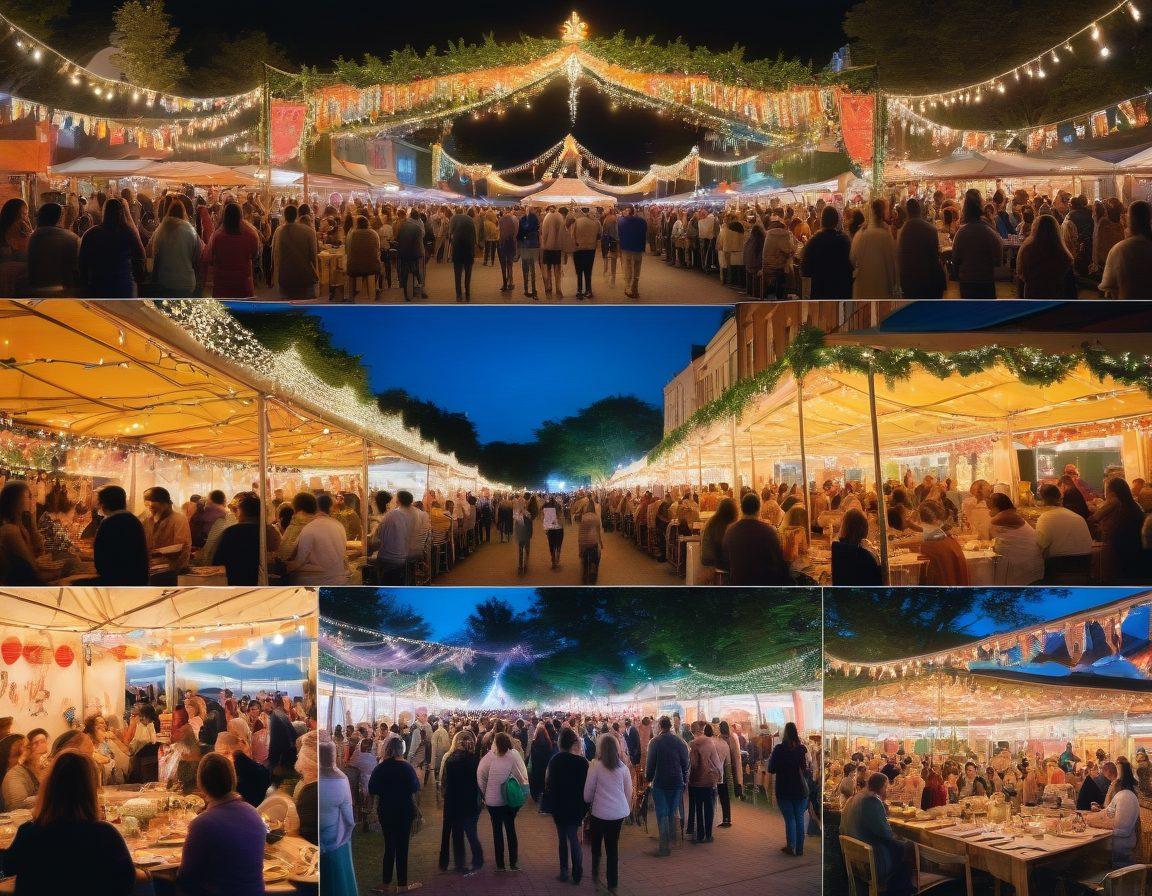A vibrant collage showcasing diverse events from lively festivals to intimate gatherings, featuring joyful people of all ages celebrating together with colorful decorations and lights. Include elements like food stalls, music stages, and cozy seating arrangements amidst a backdrop of nature. Capture the essence of communal love and togetherness. pastel colors. super-realistic.